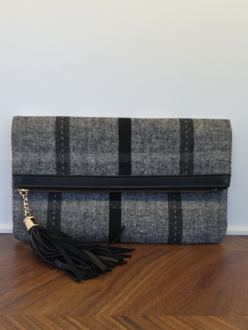 Lulus Gray Plaid Fold-Over Clutch with Black Tassel